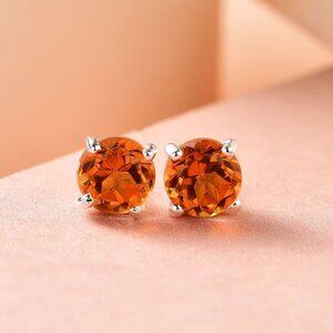 Beautiful Orange Color Quartz Solitaire Stud Earrings Set in Sterling Silver